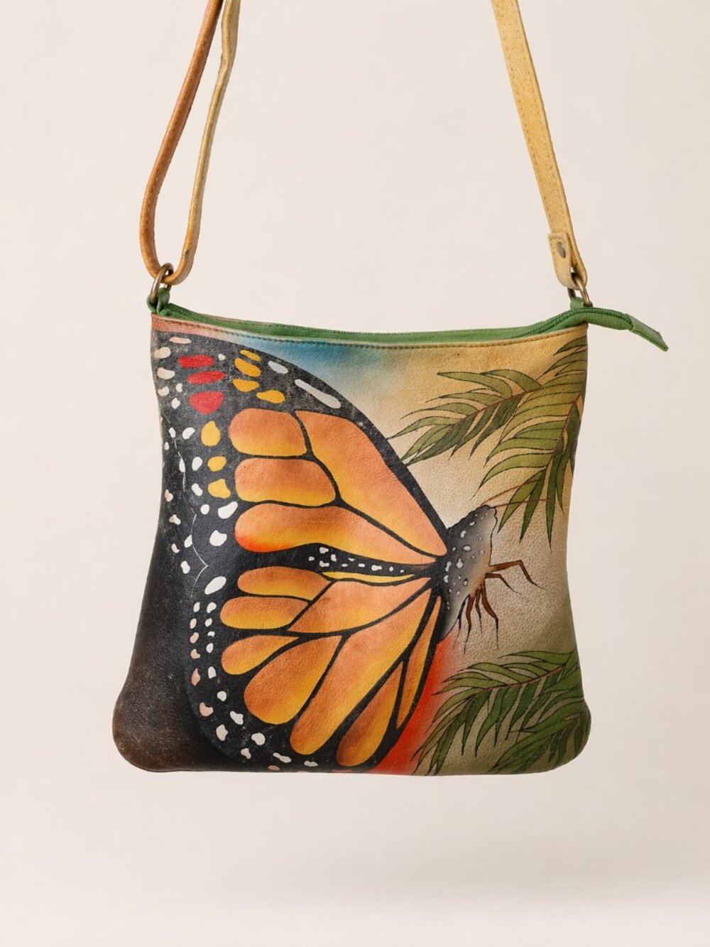 Hand painted butterfly fairycore distressed boho grunge festival leather bag